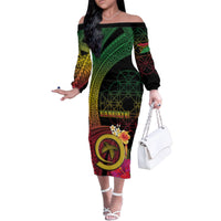 Vanuatu Independence Day Family Matching Off The Shoulder Long Sleeve Dress and Hawaiian Shirt Sand Drawing Melanesian Vibes LT03 Mom's Dress Black - Polynesian Pride