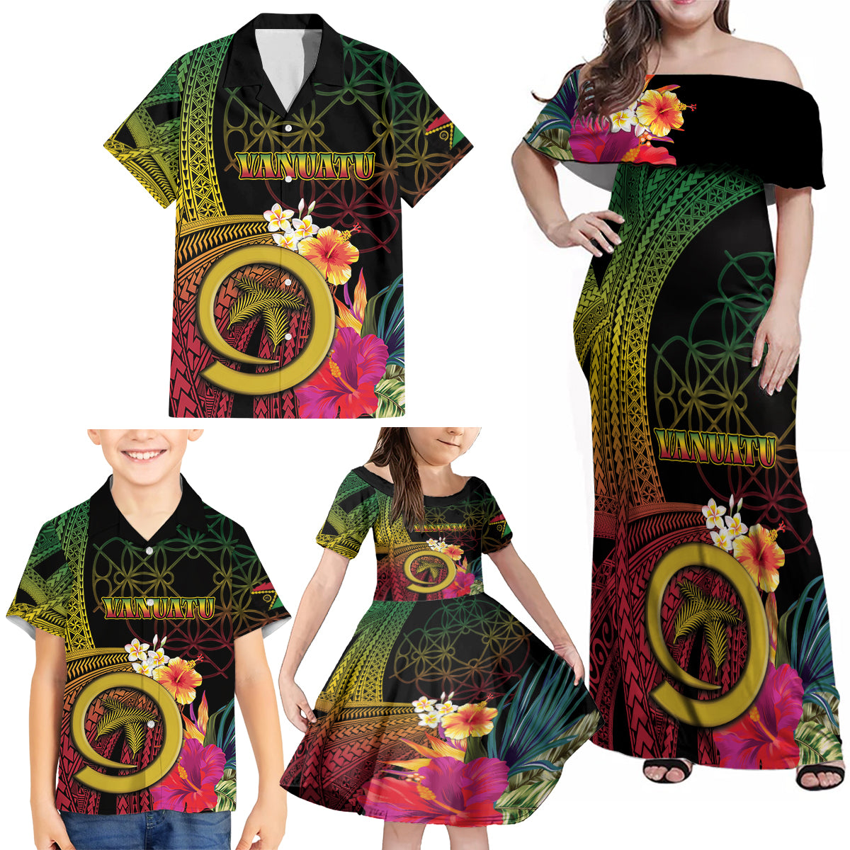 Vanuatu Independence Day Family Matching Off Shoulder Maxi Dress and Hawaiian Shirt Sand Drawing Melanesian Vibes LT03 - Polynesian Pride