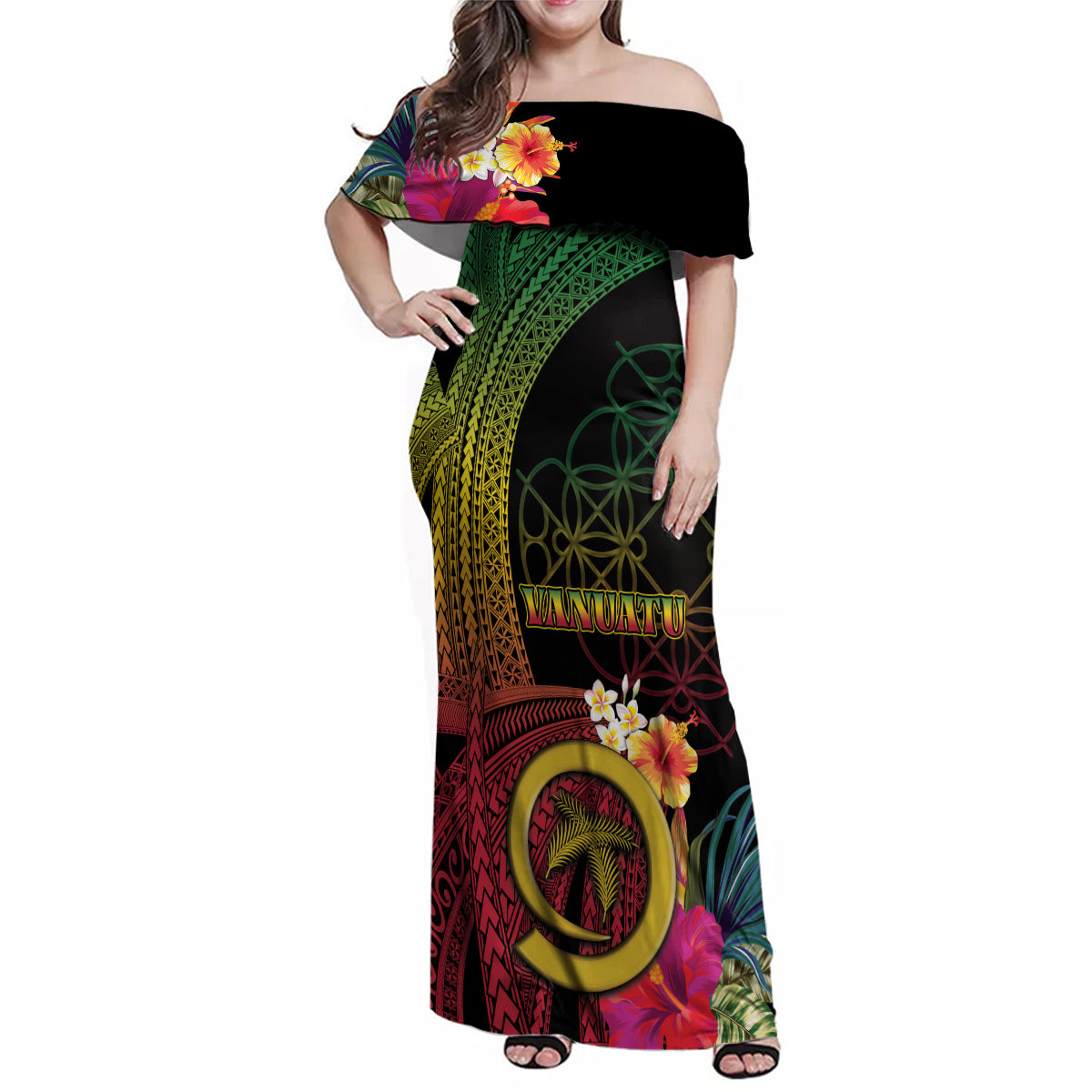 Vanuatu Independence Day Family Matching Off Shoulder Maxi Dress and Hawaiian Shirt Sand Drawing Melanesian Vibes LT03 Mom's Dress Black - Polynesian Pride