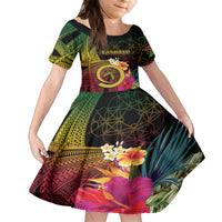 Vanuatu Independence Day Family Matching Off Shoulder Short Dress and Hawaiian Shirt Sand Drawing Melanesian Vibes LT03 Daughter's Dress Black - Polynesian Pride