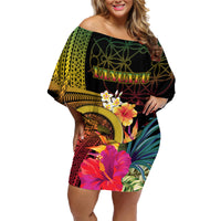 Vanuatu Independence Day Family Matching Off Shoulder Short Dress and Hawaiian Shirt Sand Drawing Melanesian Vibes LT03 Mom's Dress Black - Polynesian Pride