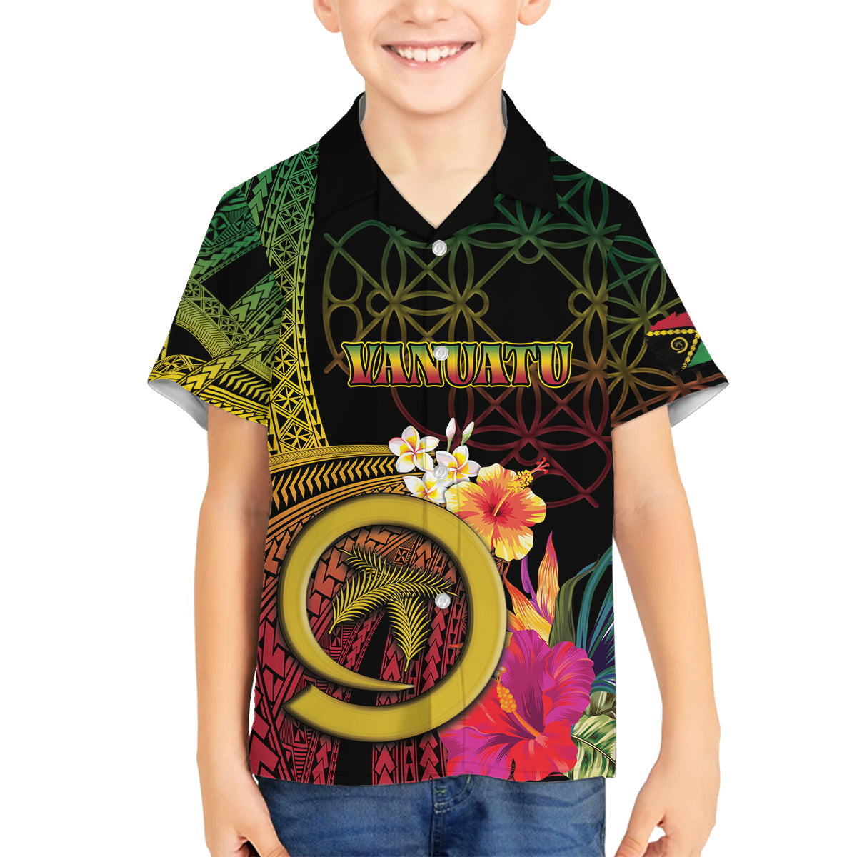 Vanuatu Independence Day Family Matching Off Shoulder Short Dress and Hawaiian Shirt Sand Drawing Melanesian Vibes LT03 Son's Shirt Black - Polynesian Pride