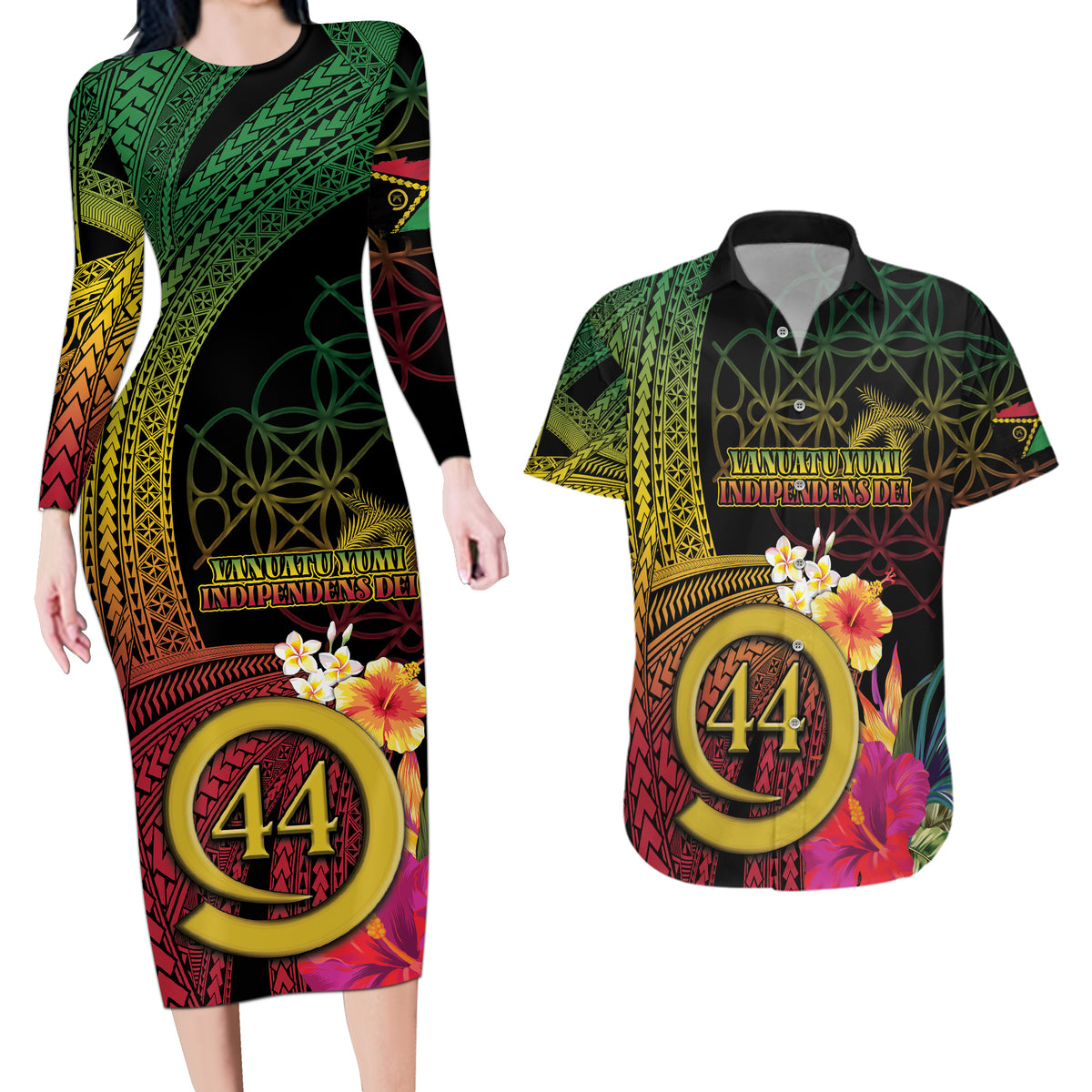 Vanuatu Selebretem 44th Indipendens Dei Couples Matching Long Sleeve Bodycon Dress and Hawaiian Shirt Sand Drawing Melanesian Vibes LT03 Black - Polynesian Pride