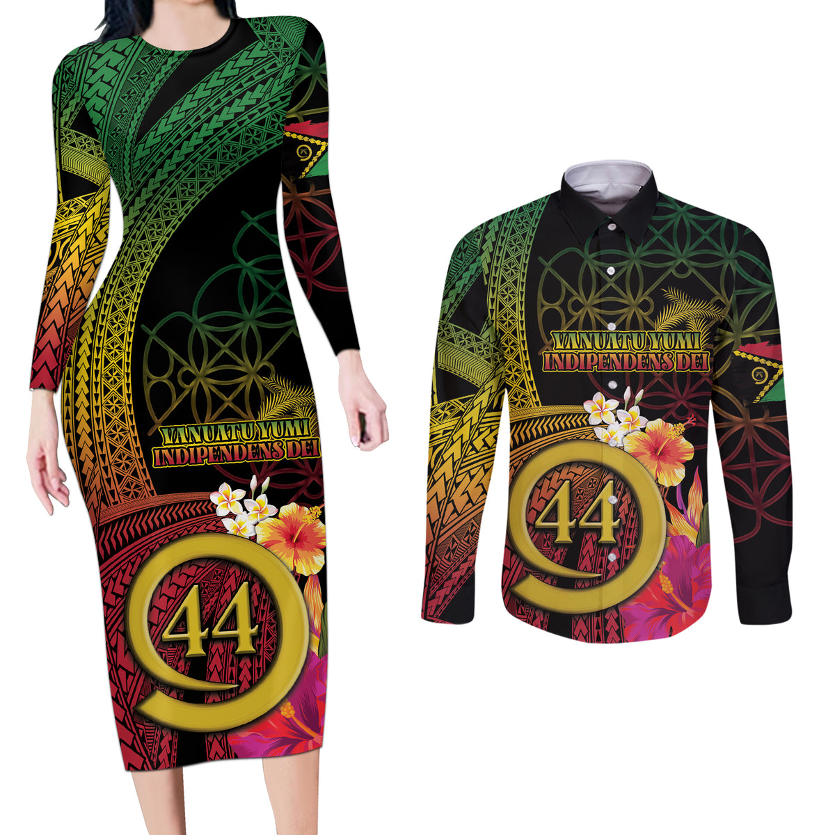 Vanuatu Selebretem 44th Indipendens Dei Couples Matching Long Sleeve Bodycon Dress and Long Sleeve Button Shirt Sand Drawing Melanesian Vibes LT03 Black - Polynesian Pride