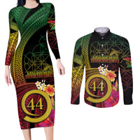 Vanuatu Selebretem 44th Indipendens Dei Couples Matching Long Sleeve Bodycon Dress and Long Sleeve Button Shirt Sand Drawing Melanesian Vibes LT03 Black - Polynesian Pride