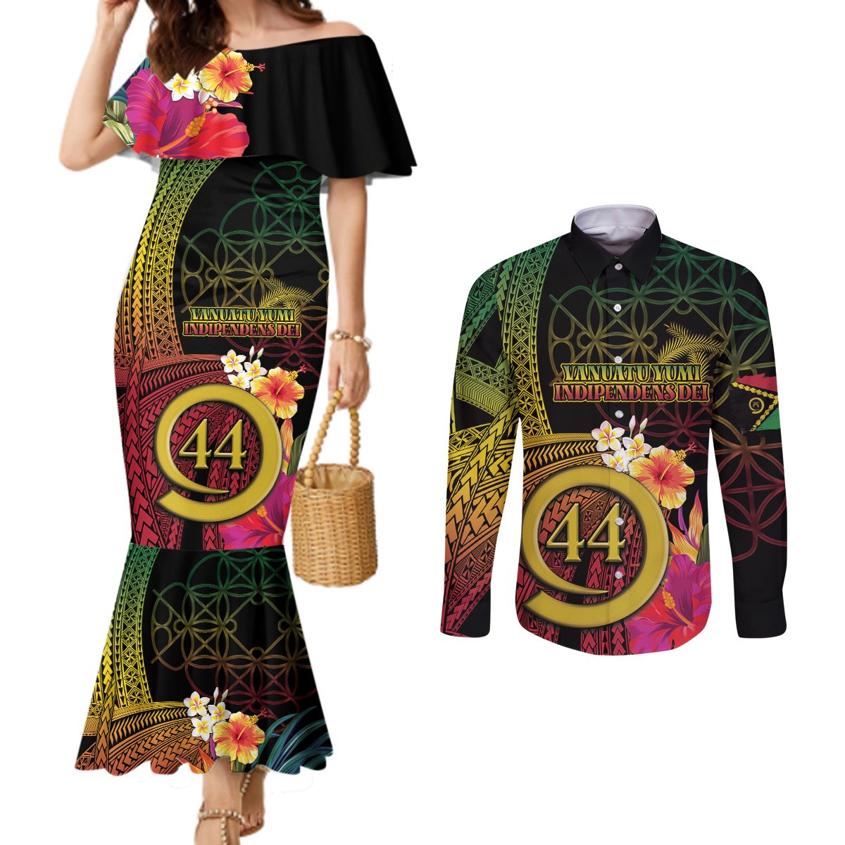Vanuatu Selebretem 44th Indipendens Dei Couples Matching Mermaid Dress and Long Sleeve Button Shirt Sand Drawing Melanesian Vibes LT03 Black - Polynesian Pride