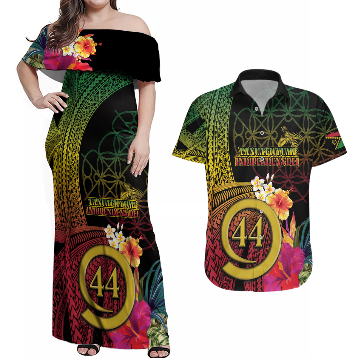 Vanuatu Selebretem 44th Indipendens Dei Couples Matching Off Shoulder Maxi Dress and Hawaiian Shirt Sand Drawing Melanesian Vibes LT03 Black - Polynesian Pride