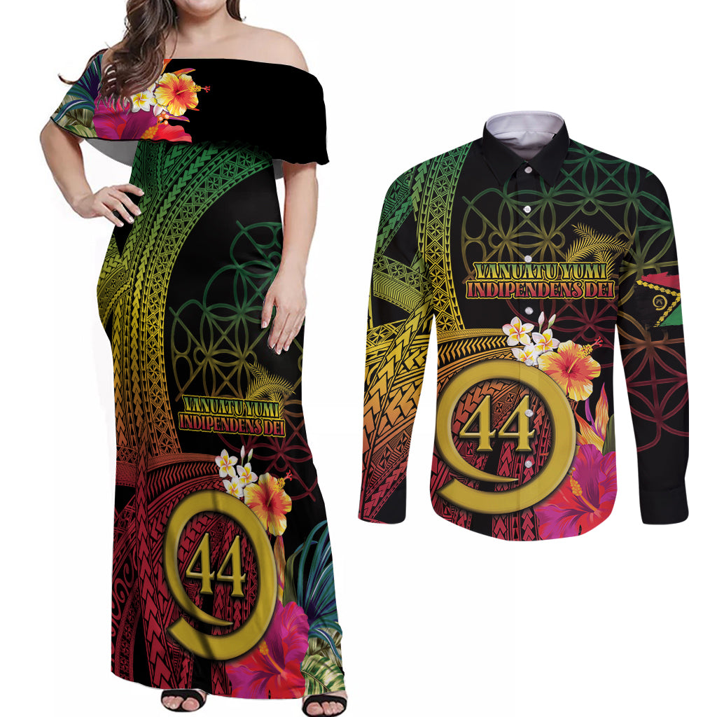Vanuatu Selebretem 44th Indipendens Dei Couples Matching Off Shoulder Maxi Dress and Long Sleeve Button Shirt Sand Drawing Melanesian Vibes LT03 Black - Polynesian Pride
