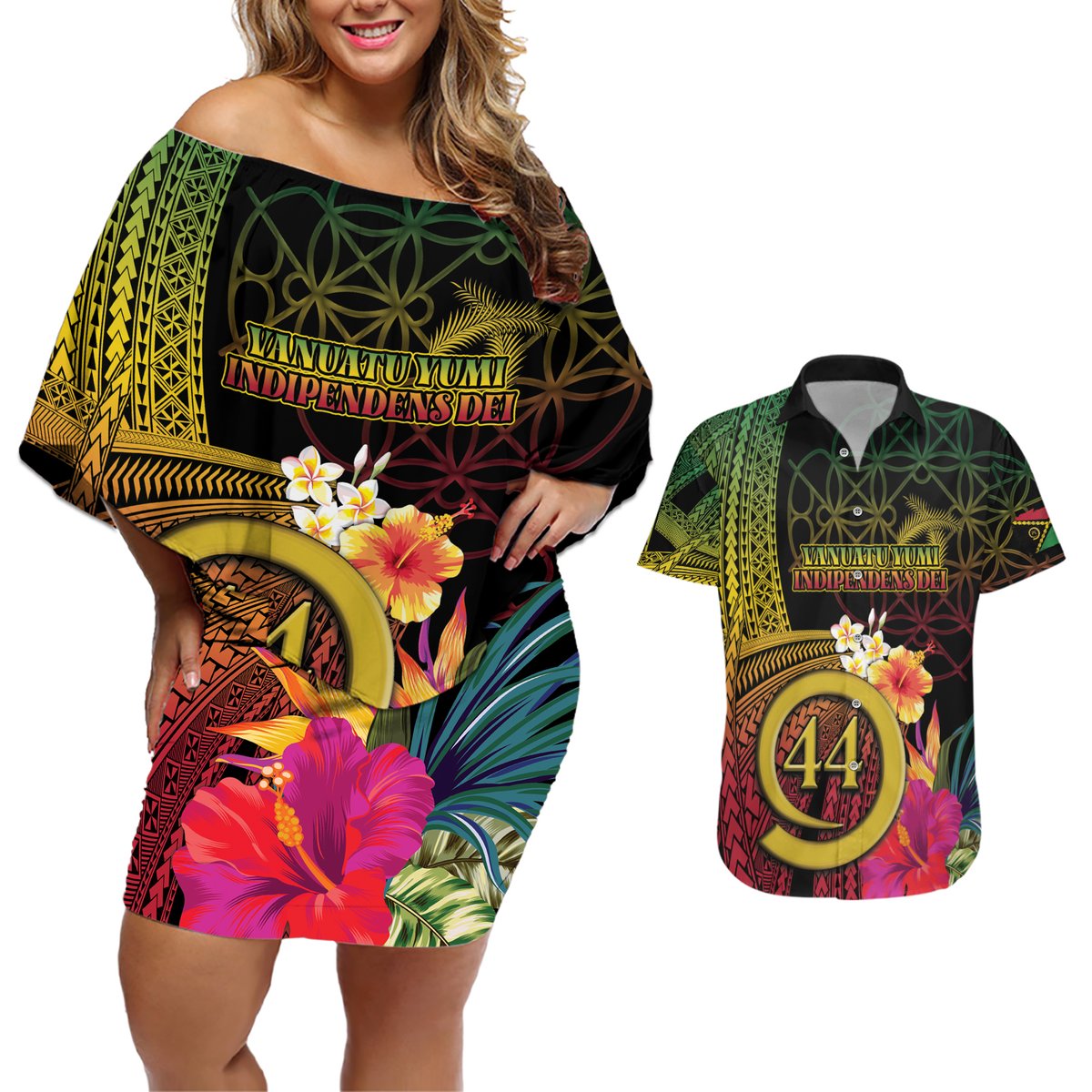 Vanuatu Selebretem 44th Indipendens Dei Couples Matching Off Shoulder Short Dress and Hawaiian Shirt Sand Drawing Melanesian Vibes LT03 Black - Polynesian Pride