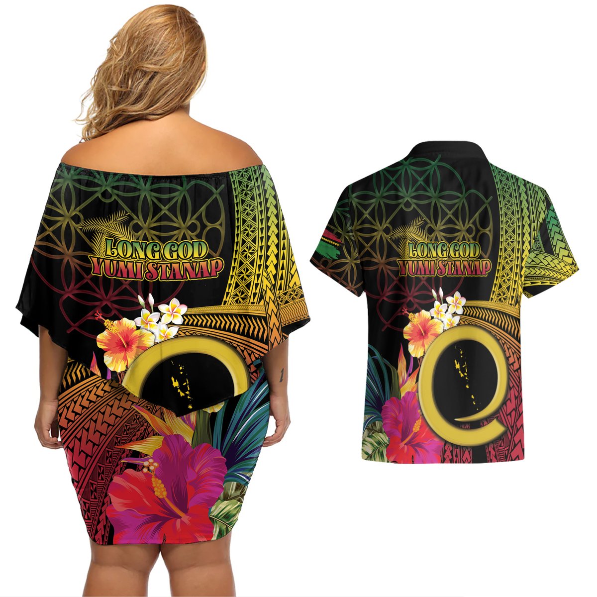 Vanuatu Selebretem 44th Indipendens Dei Couples Matching Off Shoulder Short Dress and Hawaiian Shirt Sand Drawing Melanesian Vibes LT03 - Polynesian Pride