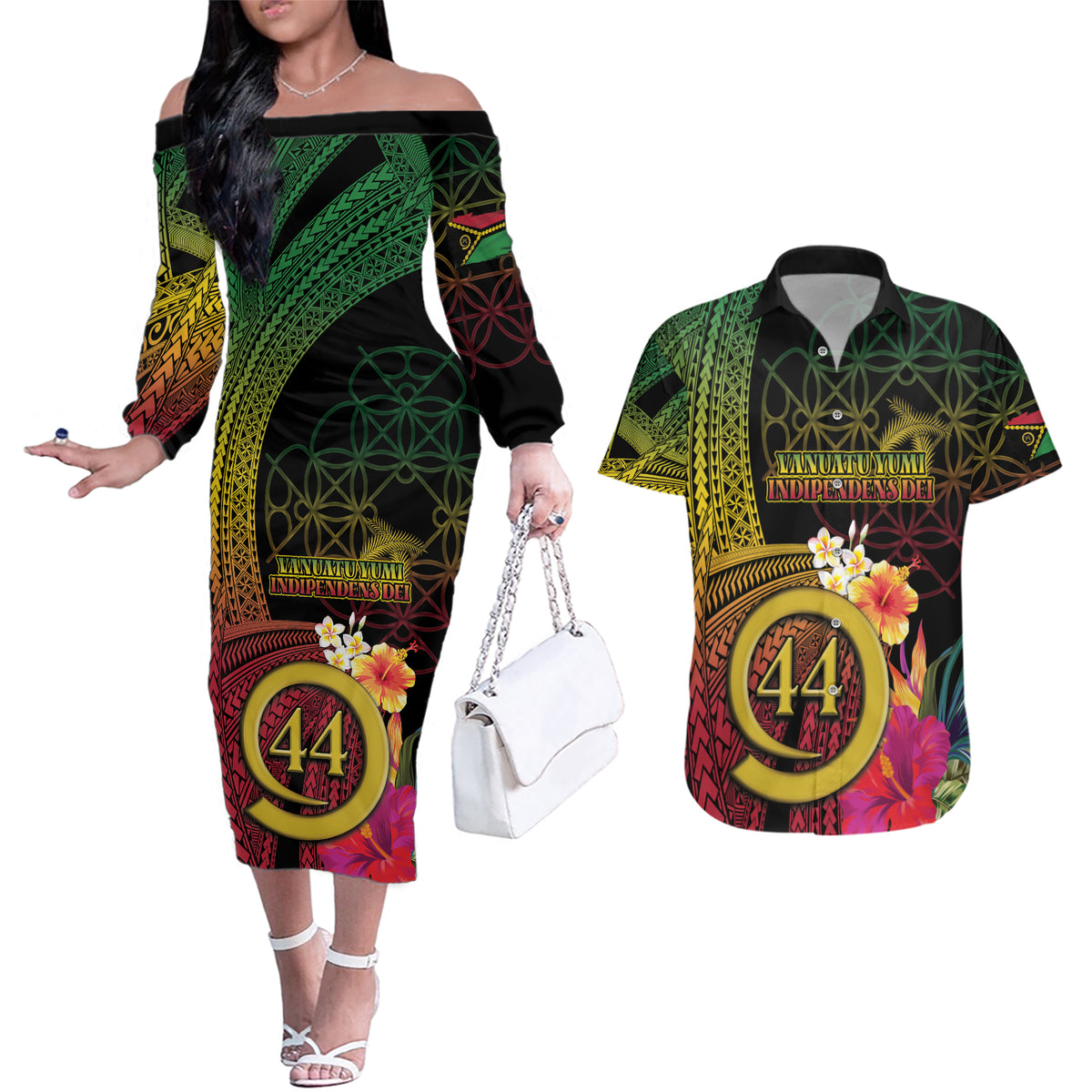 Vanuatu Selebretem 44th Indipendens Dei Couples Matching Off The Shoulder Long Sleeve Dress and Hawaiian Shirt Sand Drawing Melanesian Vibes LT03 Black - Polynesian Pride