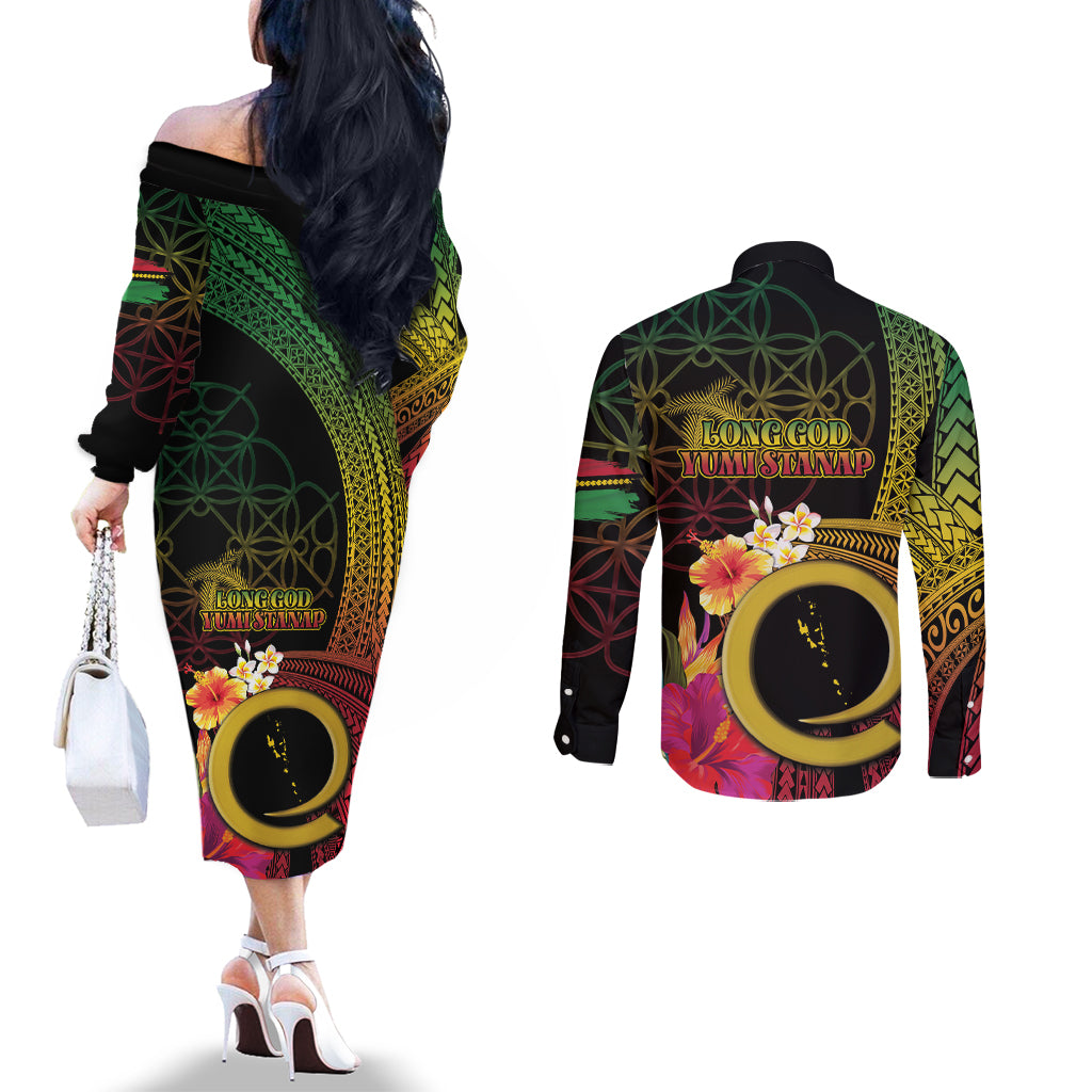 Vanuatu Selebretem 44th Indipendens Dei Couples Matching Off The Shoulder Long Sleeve Dress and Long Sleeve Button Shirt Sand Drawing Melanesian Vibes LT03 - Polynesian Pride