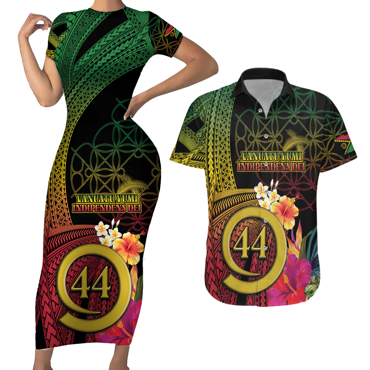 Vanuatu Selebretem 44th Indipendens Dei Couples Matching Short Sleeve Bodycon Dress and Hawaiian Shirt Sand Drawing Melanesian Vibes LT03 Black - Polynesian Pride