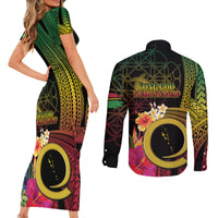 Vanuatu Selebretem 44th Indipendens Dei Couples Matching Short Sleeve Bodycon Dress and Long Sleeve Button Shirt Sand Drawing Melanesian Vibes LT03 - Polynesian Pride