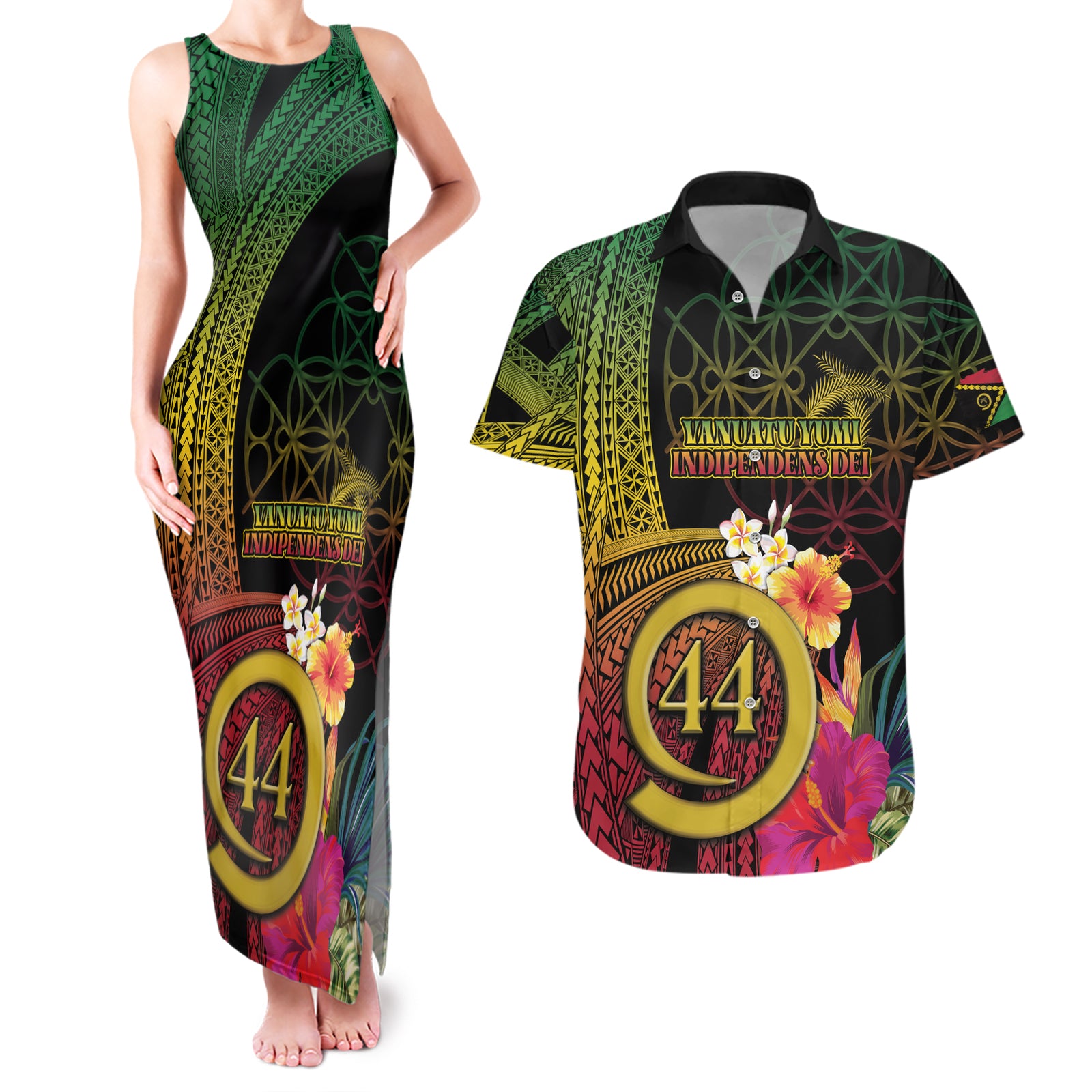 Vanuatu Selebretem 44th Indipendens Dei Couples Matching Tank Maxi Dress and Hawaiian Shirt Sand Drawing Melanesian Vibes