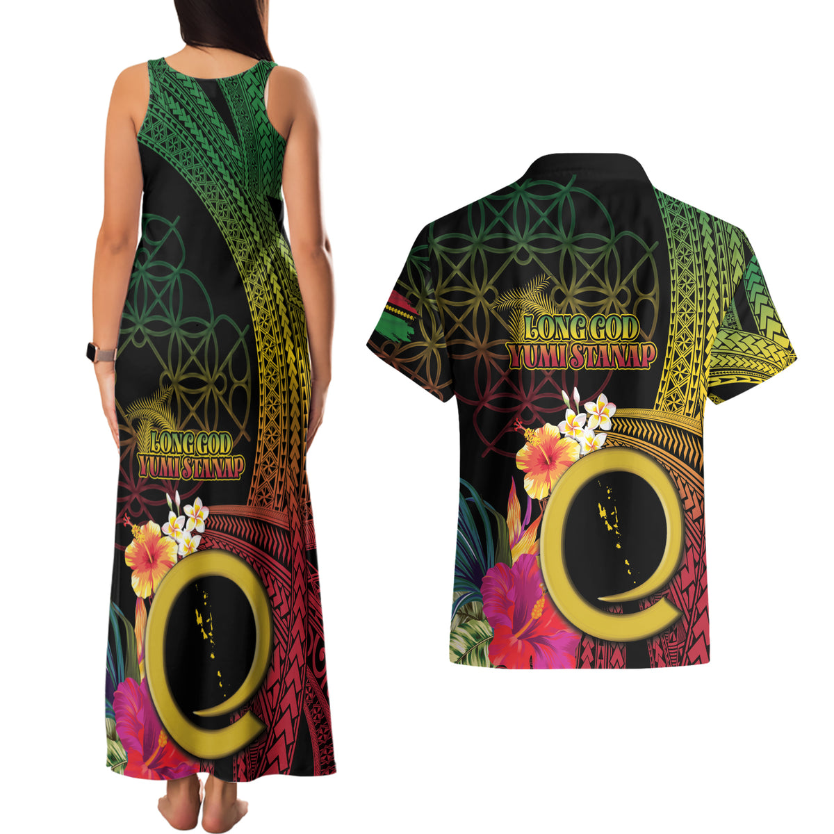 Vanuatu Selebretem 44th Indipendens Dei Couples Matching Tank Maxi Dress and Hawaiian Shirt Sand Drawing Melanesian Vibes LT03 - Polynesian Pride
