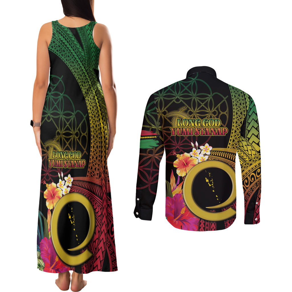 Vanuatu Selebretem 44th Indipendens Dei Couples Matching Tank Maxi Dress and Long Sleeve Button Shirt Sand Drawing Melanesian Vibes LT03 - Polynesian Pride