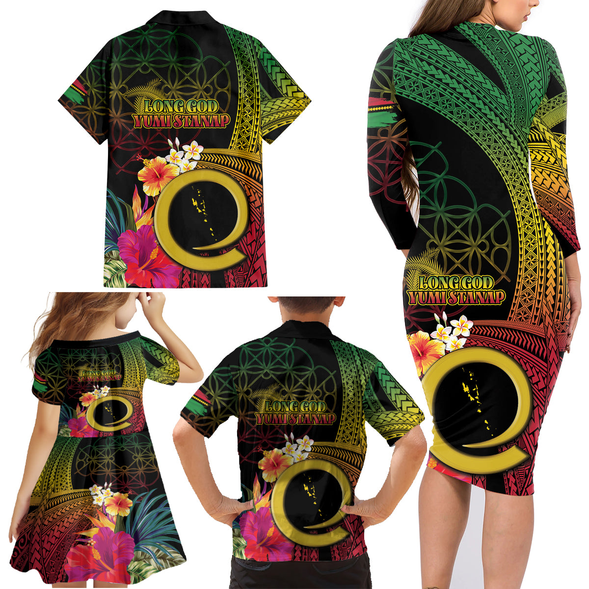 Vanuatu Selebretem 44th Indipendens Dei Family Matching Long Sleeve Bodycon Dress and Hawaiian Shirt Sand Drawing Melanesian Vibes LT03 - Polynesian Pride