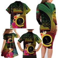 Vanuatu Selebretem 44th Indipendens Dei Family Matching Long Sleeve Bodycon Dress and Hawaiian Shirt Sand Drawing Melanesian Vibes LT03 - Polynesian Pride