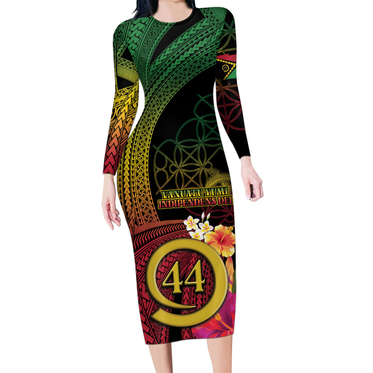 Vanuatu Selebretem 44th Indipendens Dei Family Matching Long Sleeve Bodycon Dress and Hawaiian Shirt Sand Drawing Melanesian Vibes LT03 Mom's Dress Black - Polynesian Pride