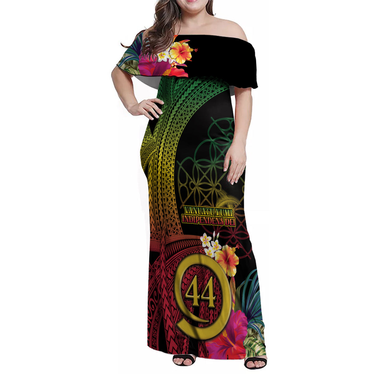 Vanuatu Selebretem 44th Indipendens Dei Family Matching Off Shoulder Maxi Dress and Hawaiian Shirt Sand Drawing Melanesian Vibes LT03 Mom's Dress Black - Polynesian Pride