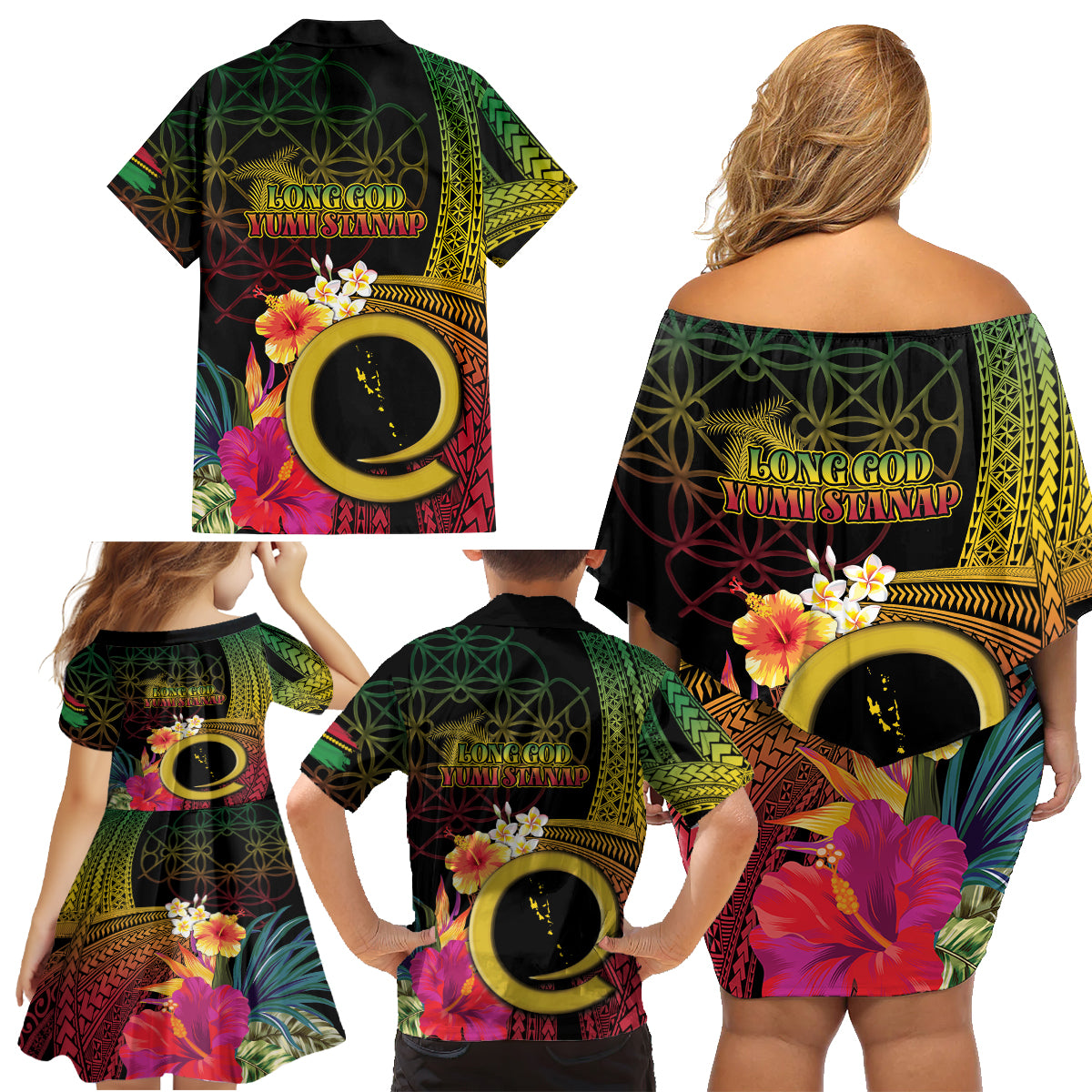 Vanuatu Selebretem 44th Indipendens Dei Family Matching Off Shoulder Short Dress and Hawaiian Shirt Sand Drawing Melanesian Vibes LT03 - Polynesian Pride