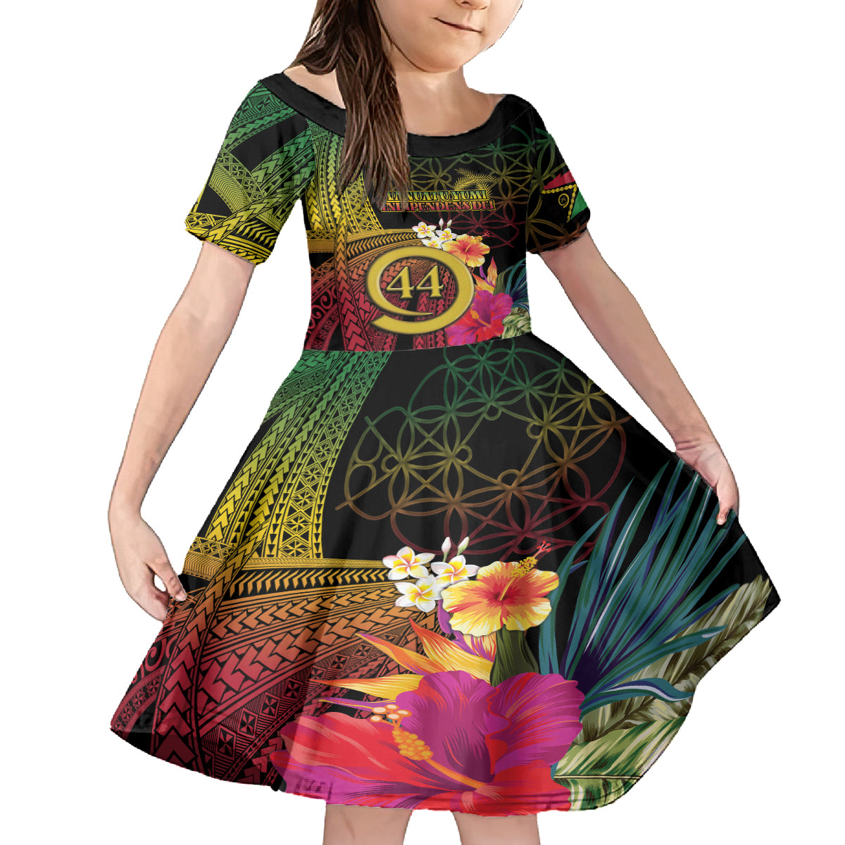 Vanuatu Selebretem 44th Indipendens Dei Family Matching Puletasi and Hawaiian Shirt Sand Drawing Melanesian Vibes LT03 Daughter's Dress Black - Polynesian Pride