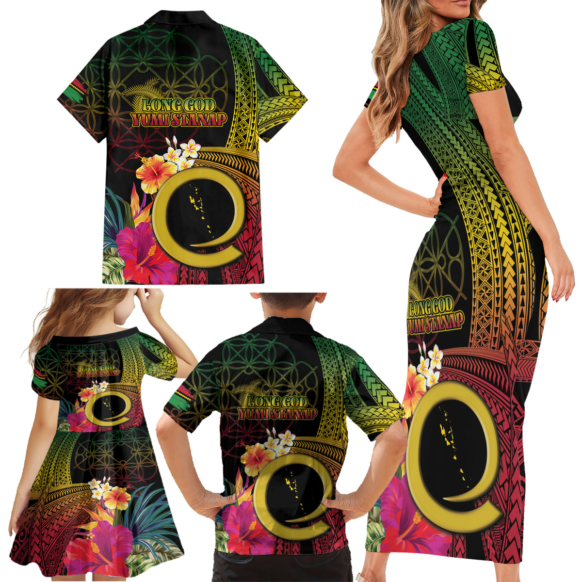 Vanuatu Selebretem 44th Indipendens Dei Family Matching Short Sleeve Bodycon Dress and Hawaiian Shirt Sand Drawing Melanesian Vibes LT03 - Polynesian Pride