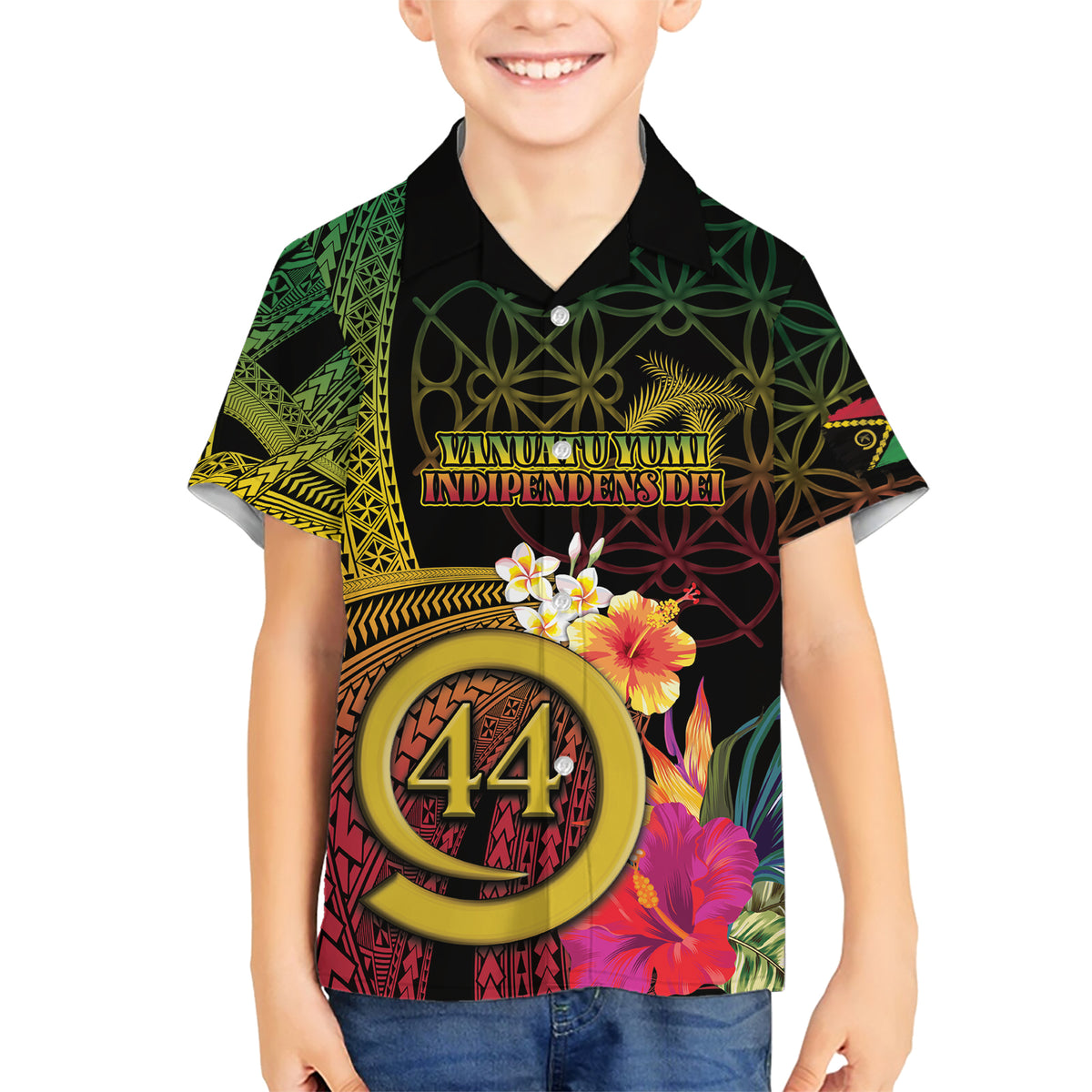 Vanuatu Selebretem 44th Indipendens Dei Family Matching Short Sleeve Bodycon Dress and Hawaiian Shirt Sand Drawing Melanesian Vibes LT03 Son's Shirt Black - Polynesian Pride
