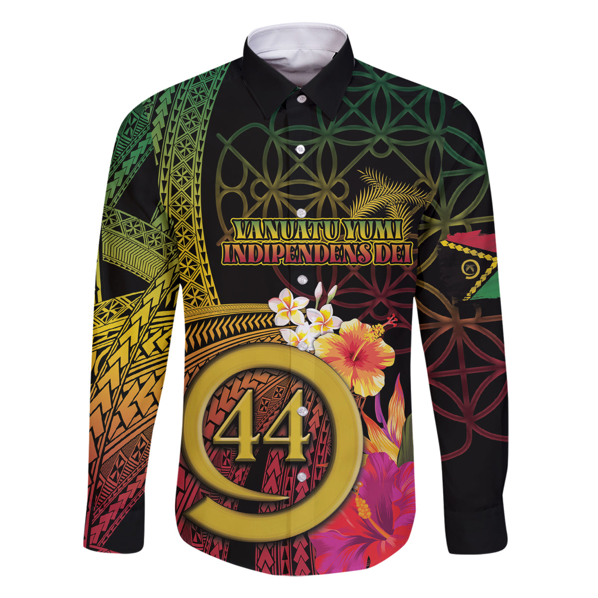 Vanuatu Selebretem 44th Indipendens Dei Family Matching Tank Maxi Dress and Hawaiian Shirt Sand Drawing Melanesian Vibes LT03 Dad's Shirt - Long Sleeve Black - Polynesian Pride