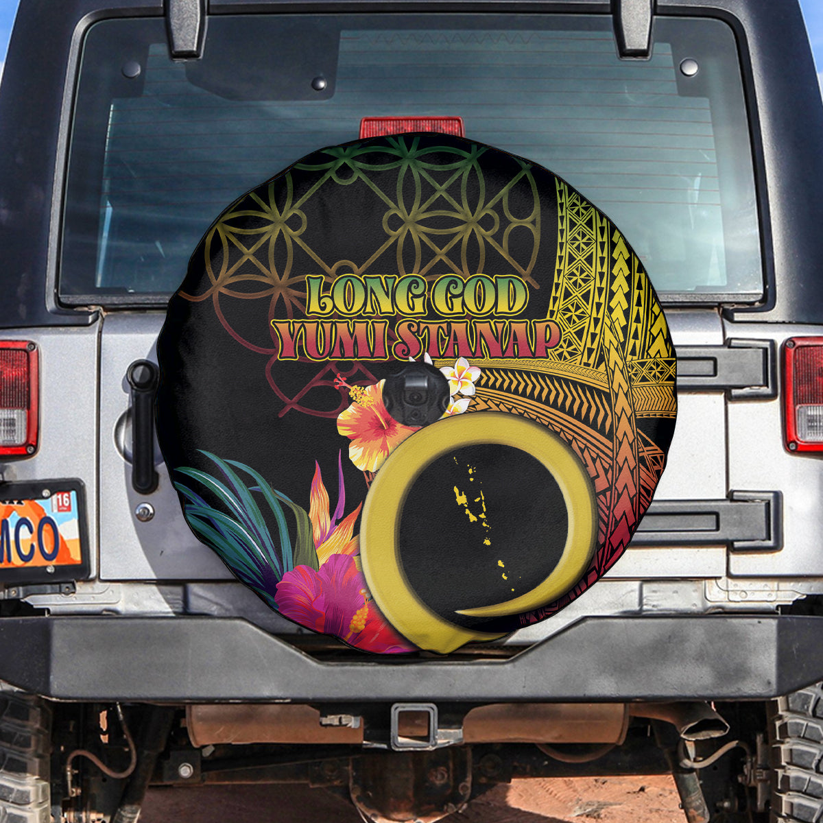 Vanuatu Selebretem 44th Indipendens Dei Spare Tire Cover Sand Drawing Melanesian Vibes LT03 Black - Polynesian Pride