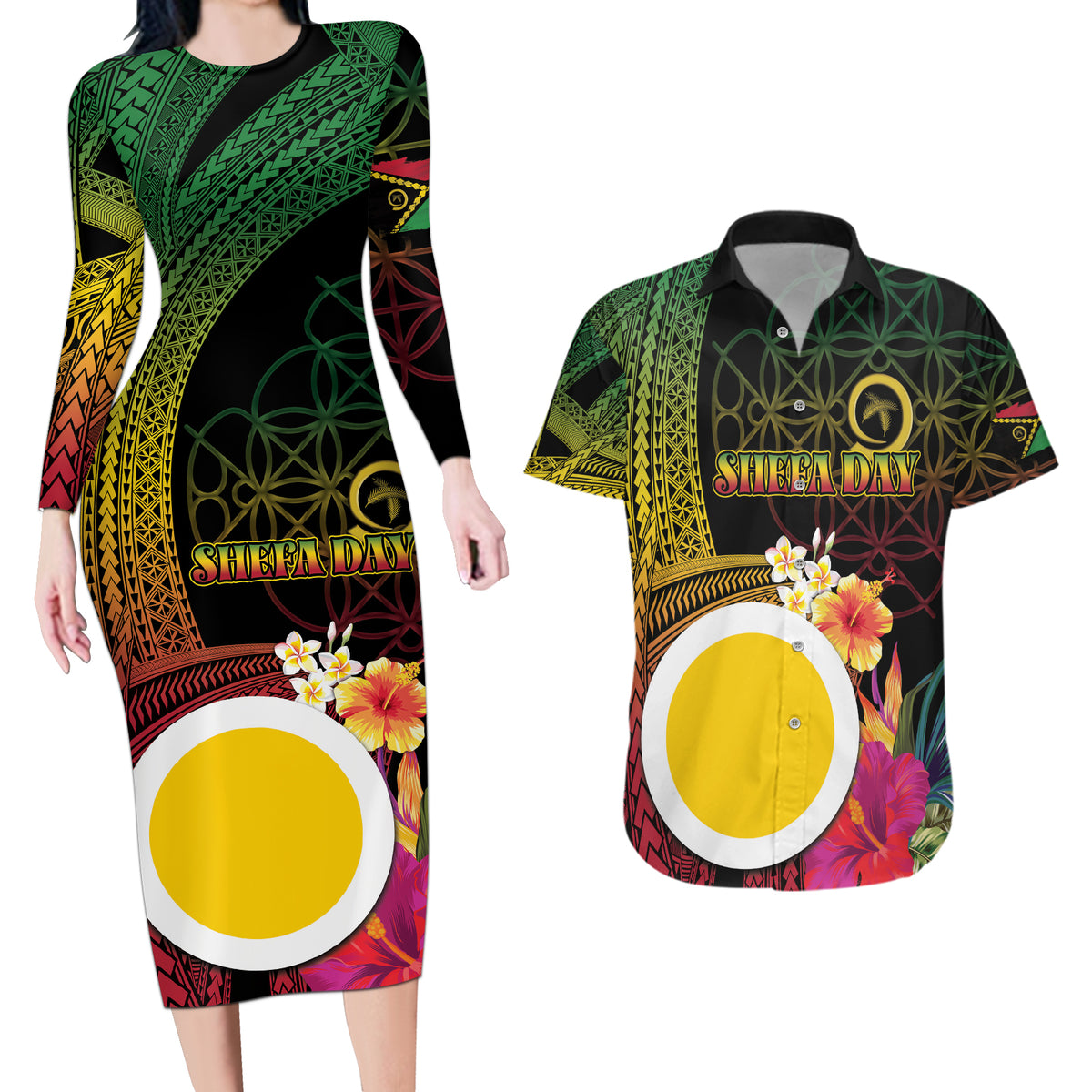 Vanuatu Shefa Day Couples Matching Long Sleeve Bodycon Dress and Hawaiian Shirt Sand Drawing Melanesian LT03 Black - Polynesian Pride