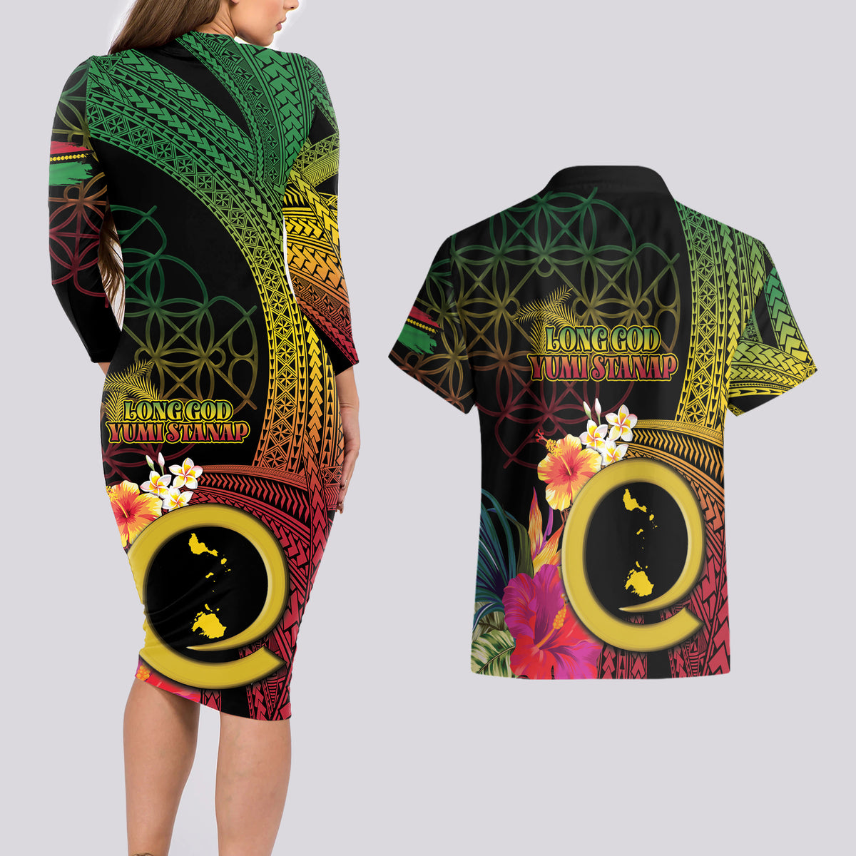 Vanuatu Shefa Day Couples Matching Long Sleeve Bodycon Dress and Hawaiian Shirt Sand Drawing Melanesian LT03 - Polynesian Pride