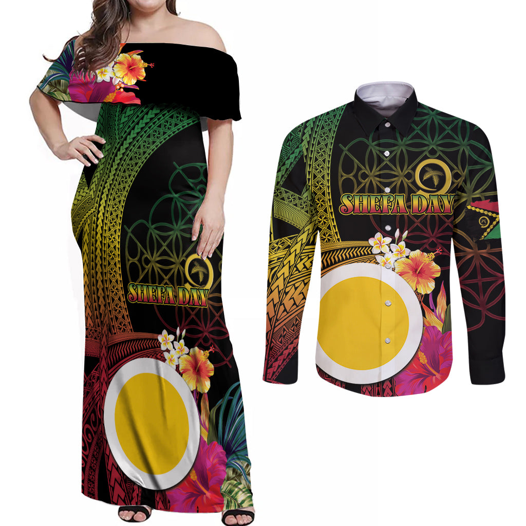 Vanuatu Shefa Day Couples Matching Off Shoulder Maxi Dress and Long Sleeve Button Shirt Sand Drawing Melanesian LT03 Black - Polynesian Pride