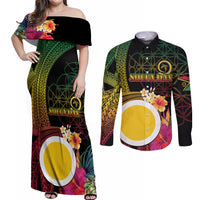 Vanuatu Shefa Day Couples Matching Off Shoulder Maxi Dress and Long Sleeve Button Shirt Sand Drawing Melanesian LT03 Black - Polynesian Pride