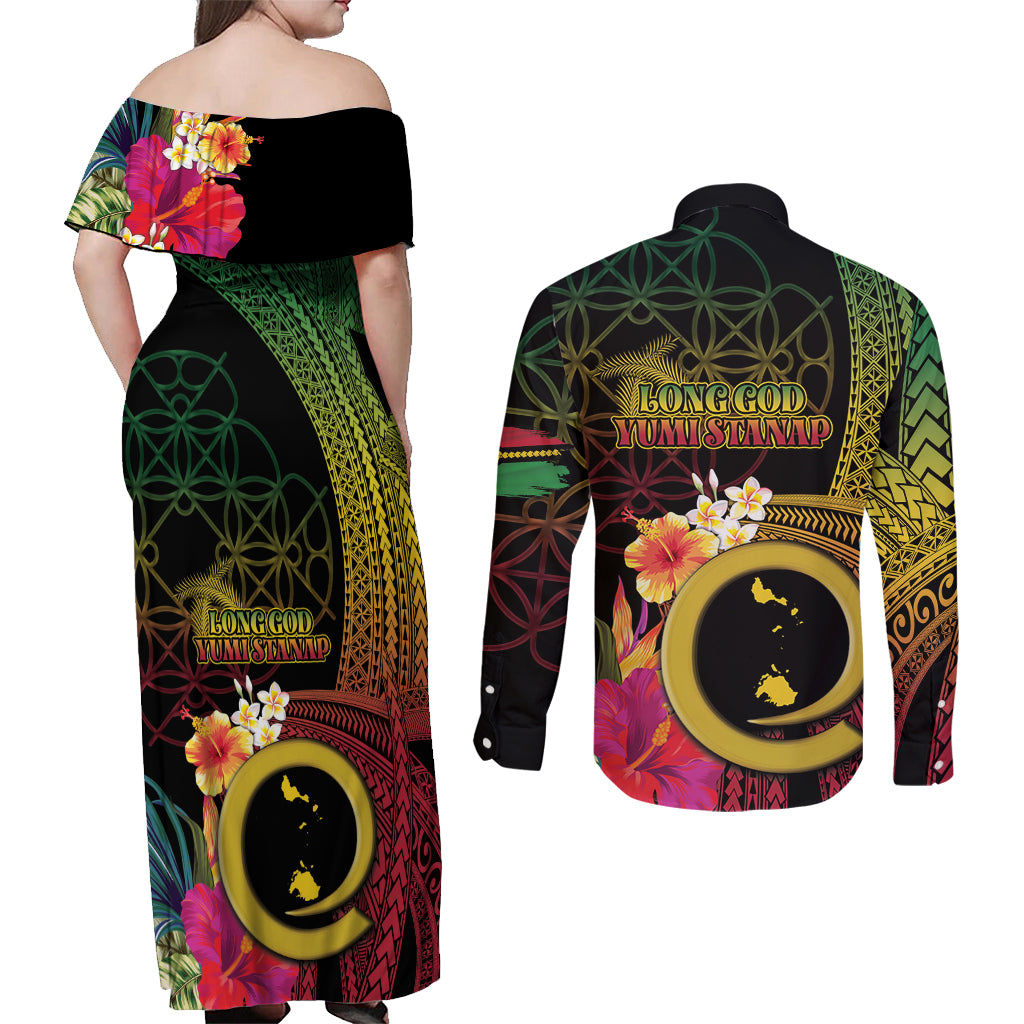 Vanuatu Shefa Day Couples Matching Off Shoulder Maxi Dress and Long Sleeve Button Shirt Sand Drawing Melanesian LT03 - Polynesian Pride