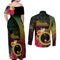 Vanuatu Shefa Day Couples Matching Off Shoulder Maxi Dress and Long Sleeve Button Shirt Sand Drawing Melanesian LT03 - Polynesian Pride
