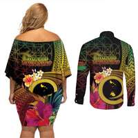 Vanuatu Shefa Day Couples Matching Off Shoulder Short Dress and Long Sleeve Button Shirt Sand Drawing Melanesian