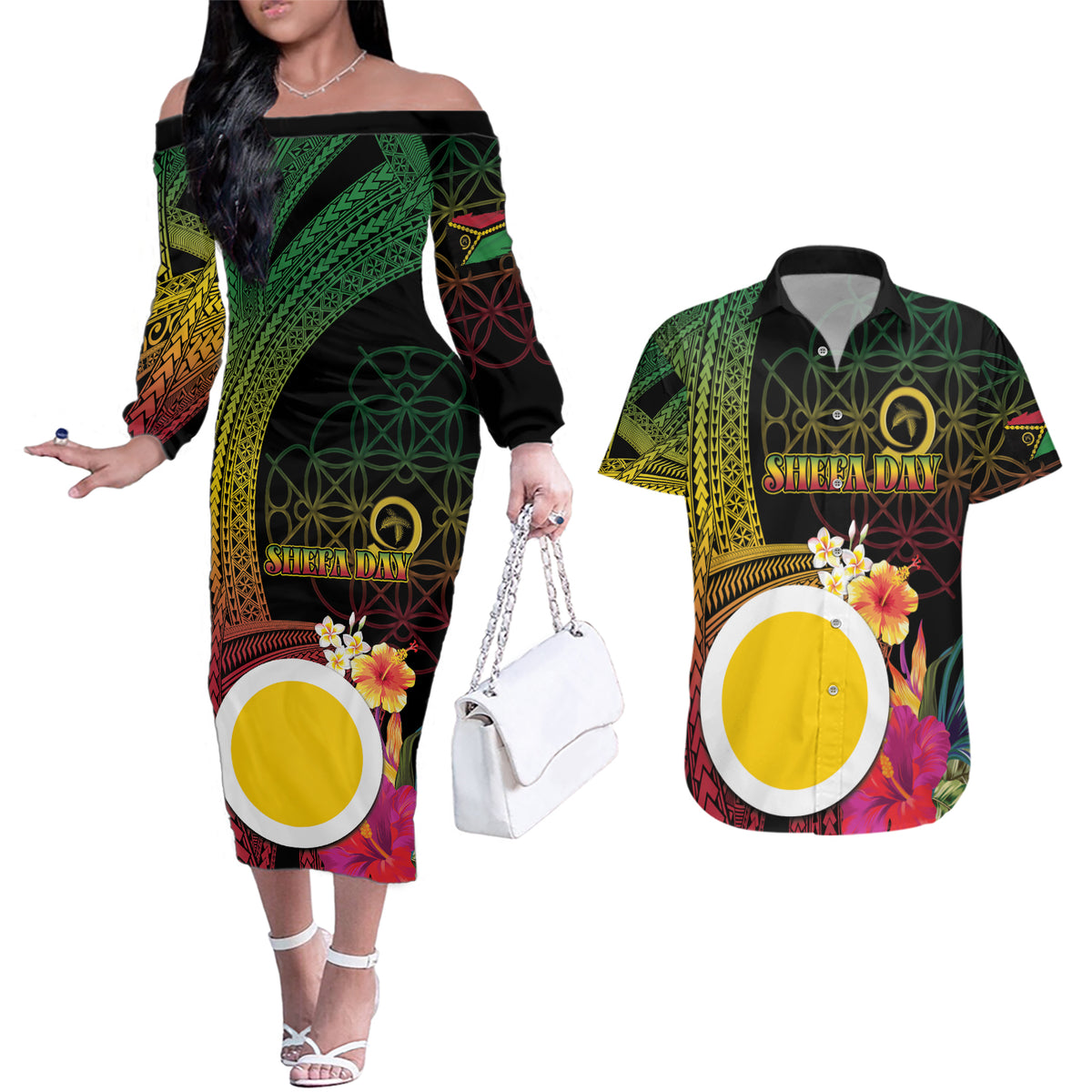 Vanuatu Shefa Day Couples Matching Off The Shoulder Long Sleeve Dress and Hawaiian Shirt Sand Drawing Melanesian LT03 Black - Polynesian Pride