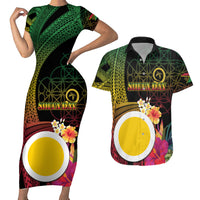 Vanuatu Shefa Day Couples Matching Short Sleeve Bodycon Dress and Hawaiian Shirt Sand Drawing Melanesian LT03 Black - Polynesian Pride