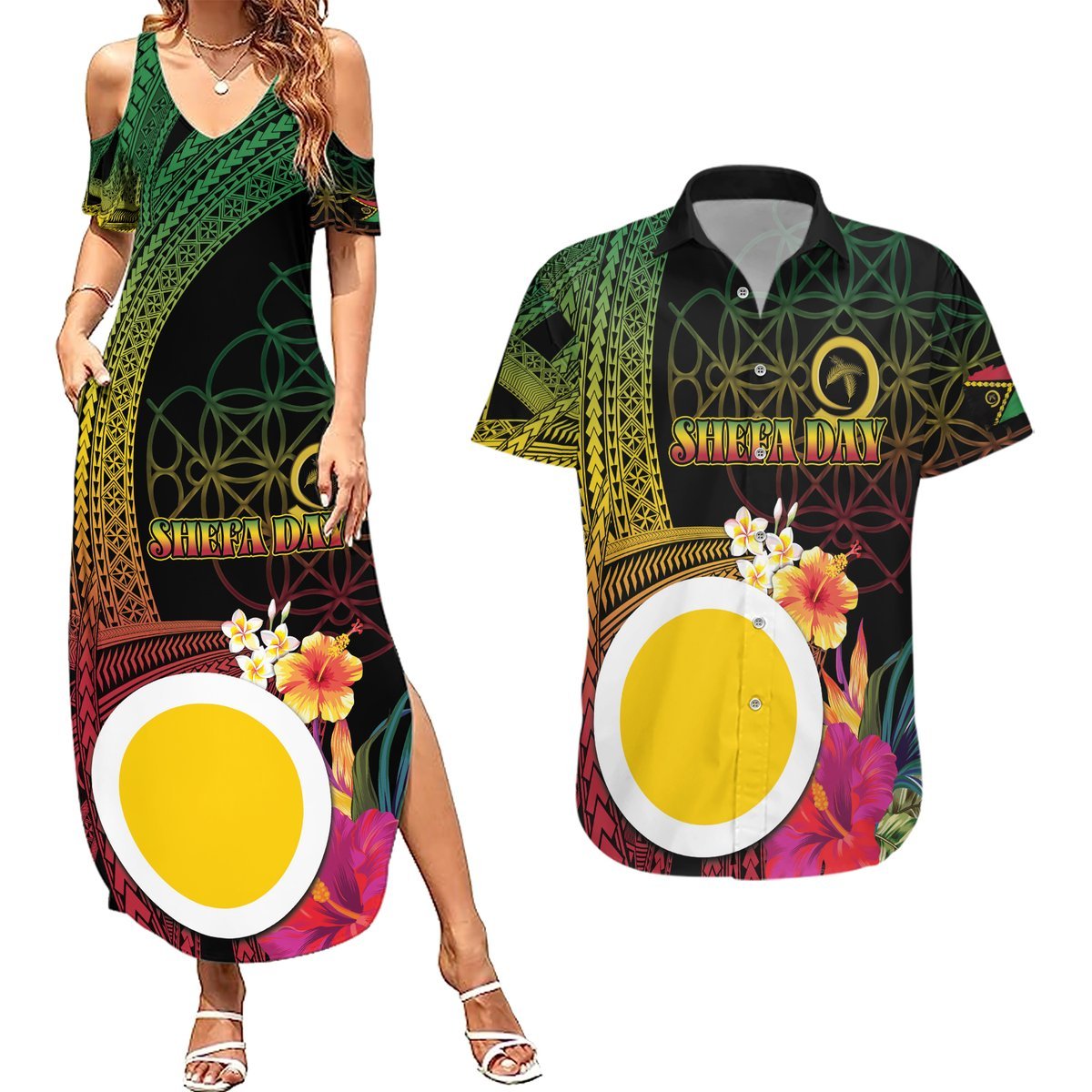 Vanuatu Shefa Day Couples Matching Summer Maxi Dress and Hawaiian Shirt Sand Drawing Melanesian LT03 Black - Polynesian Pride