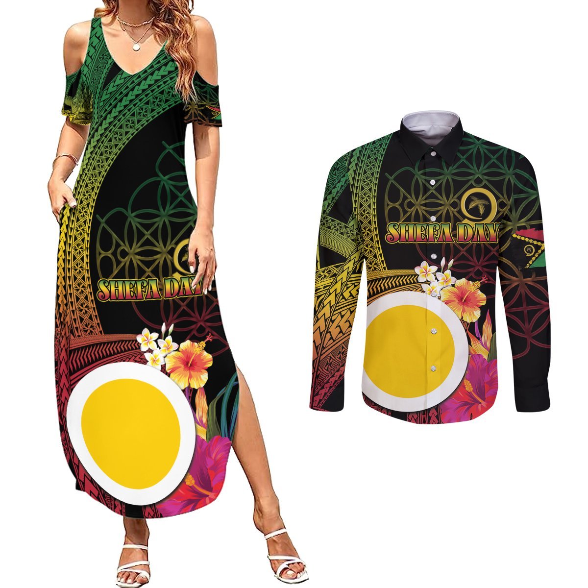 Vanuatu Shefa Day Couples Matching Summer Maxi Dress and Long Sleeve Button Shirt Sand Drawing Melanesian LT03 Black - Polynesian Pride