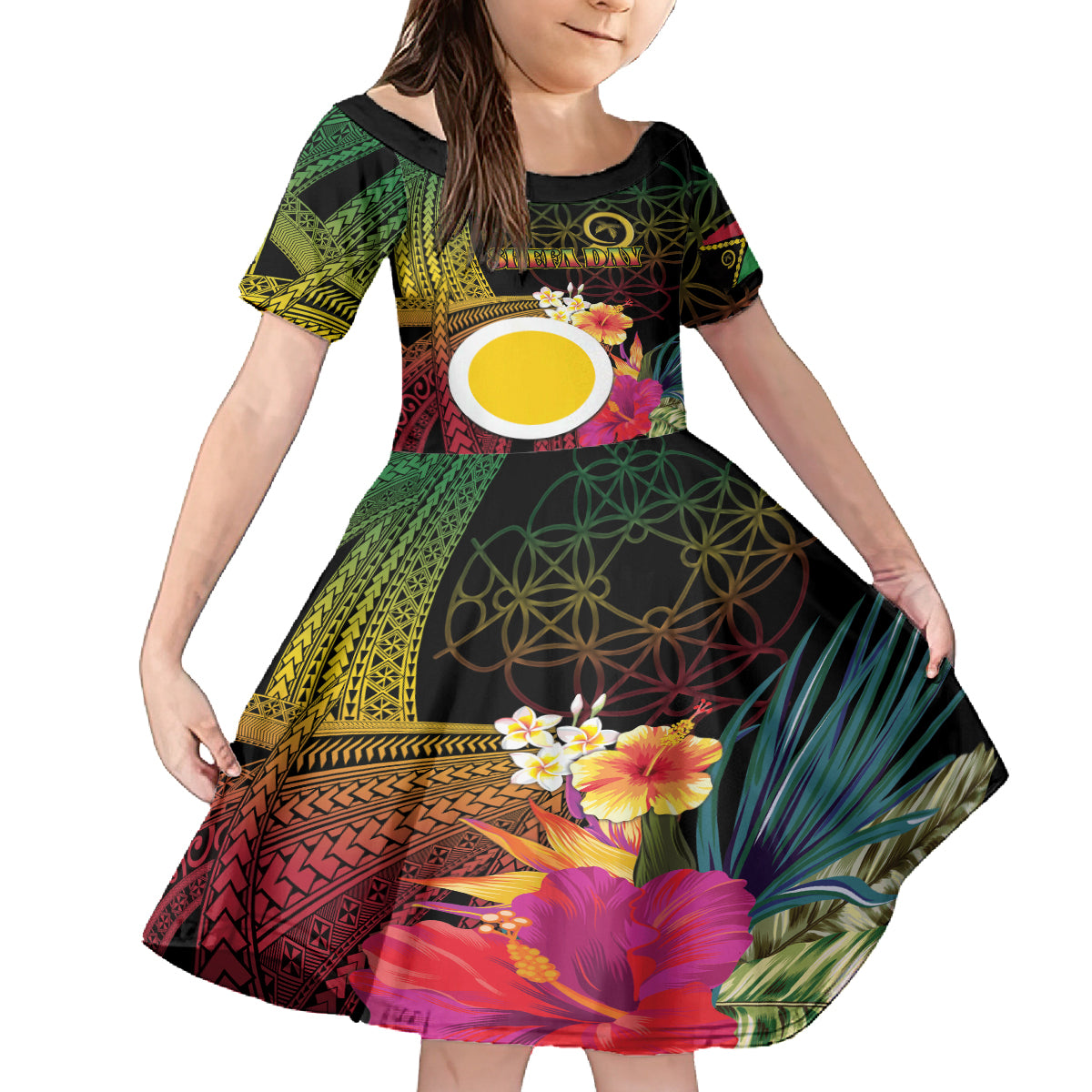Vanuatu Shefa Day Family Matching Off Shoulder Maxi Dress and Hawaiian Shirt Sand Drawing Melanesian LT03 Daughter's Dress Black - Polynesian Pride
