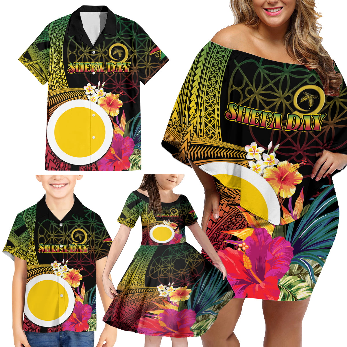 Vanuatu Shefa Day Family Matching Off Shoulder Short Dress and Hawaiian Shirt Sand Drawing Melanesian LT03 - Polynesian Pride