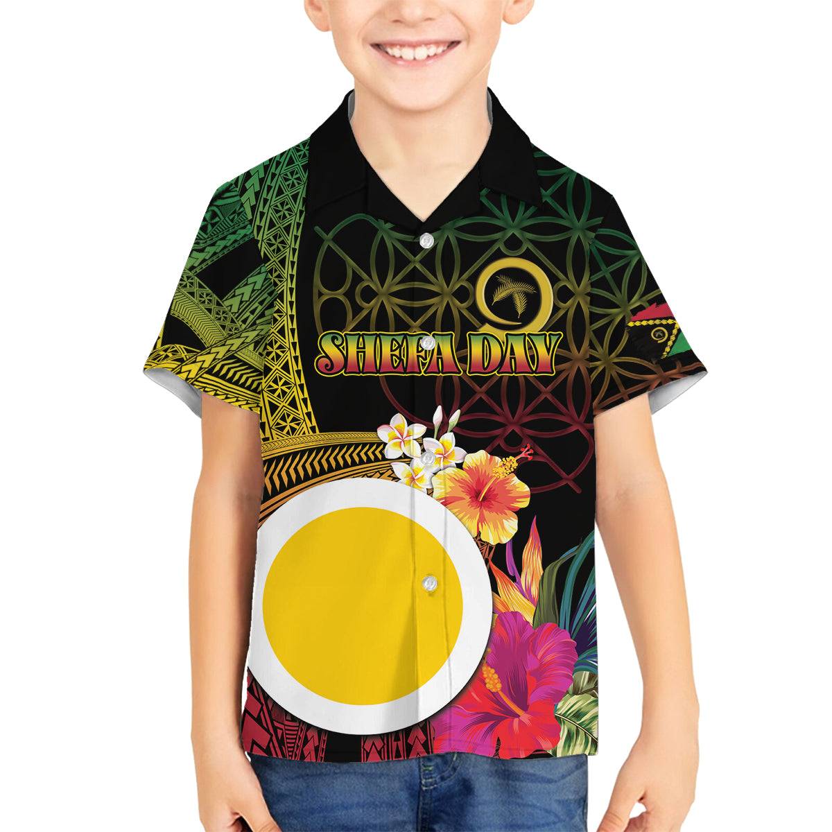 Vanuatu Shefa Day Family Matching Off Shoulder Short Dress and Hawaiian Shirt Sand Drawing Melanesian LT03 Son's Shirt Black - Polynesian Pride