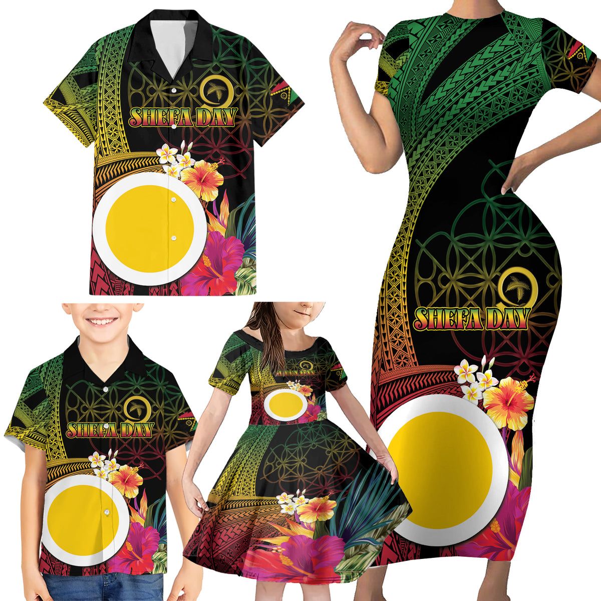 Vanuatu Shefa Day Family Matching Short Sleeve Bodycon Dress and Hawaiian Shirt Sand Drawing Melanesian LT03 - Polynesian Pride