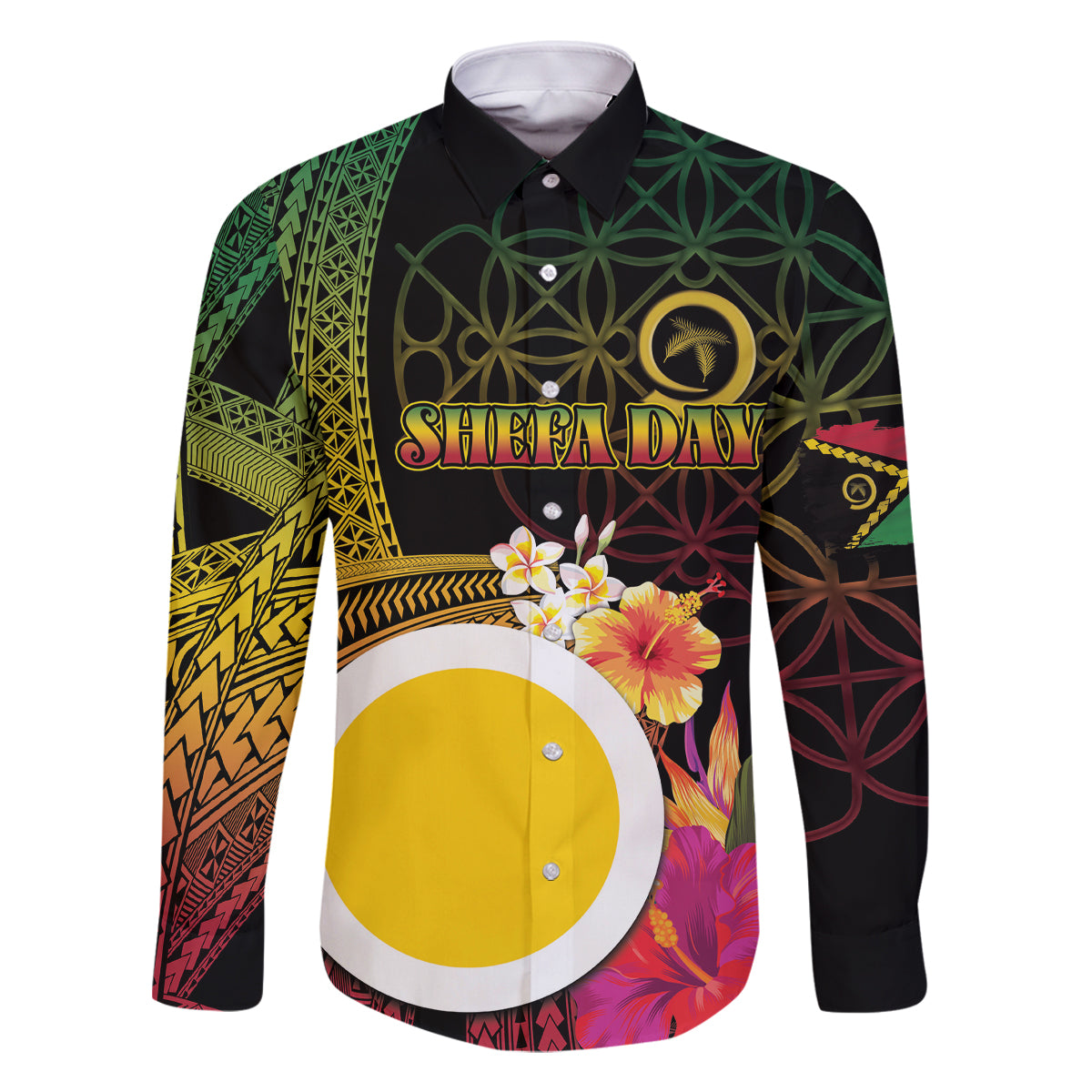 Vanuatu Shefa Day Family Matching Tank Maxi Dress and Hawaiian Shirt Sand Drawing Melanesian LT03 Dad's Shirt - Long Sleeve Black - Polynesian Pride