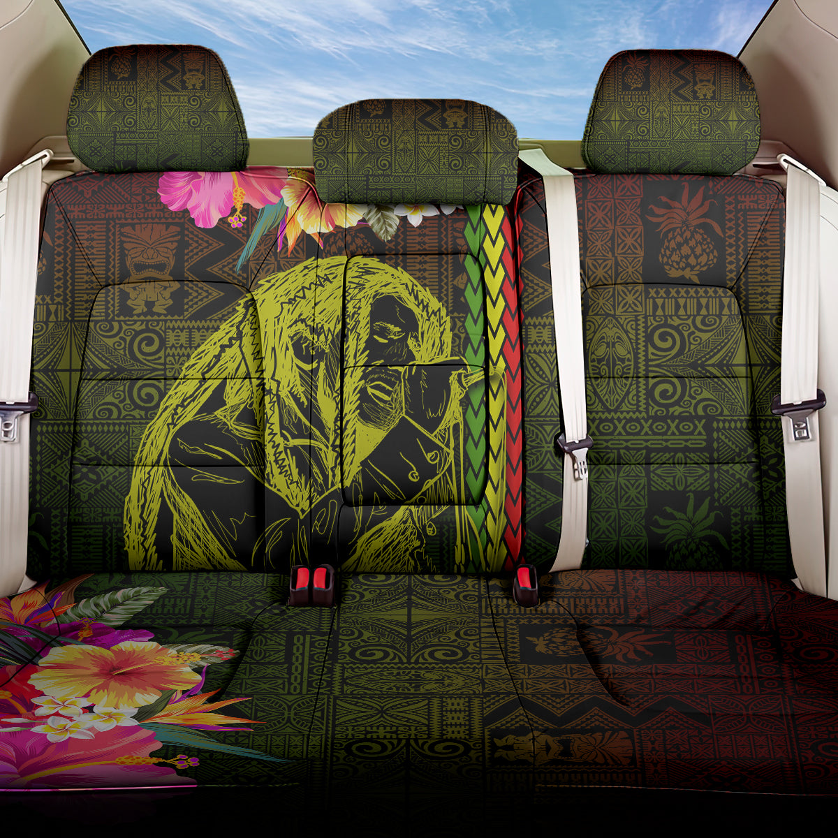 Hawaiian Reggae Music Back Car Seat Cover Jamaica Singer Tribal Polynesian and Hibiscus LT03 One Size Black - Polynesian Pride