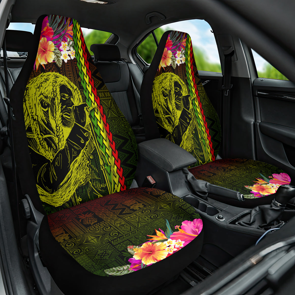 Hawaiian Reggae Music Car Seat Cover Jamaica Singer Tribal Polynesian and Hibiscus LT03 One Size Black - Polynesian Pride