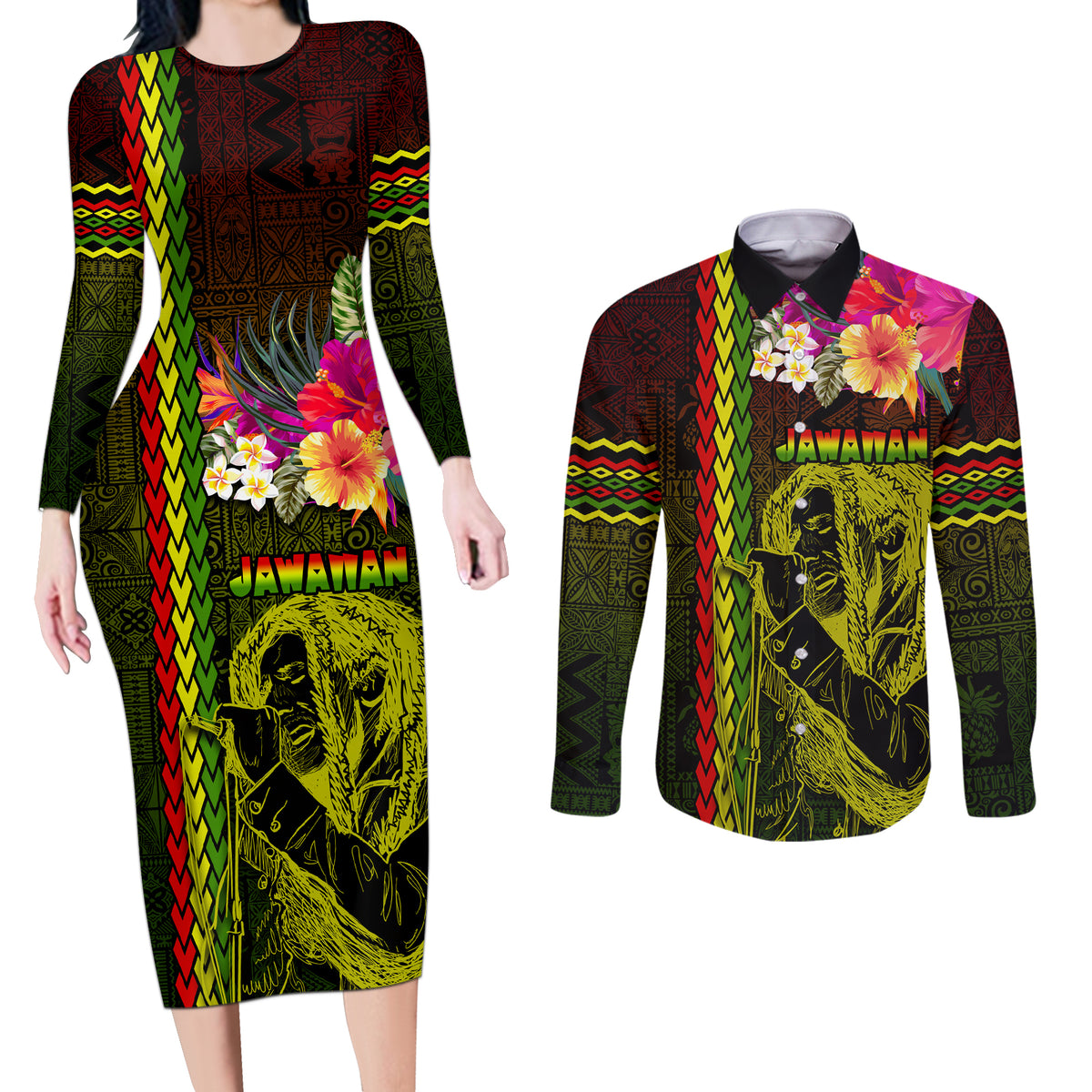 Hawaiian Reggae Music Couples Matching Long Sleeve Bodycon Dress and Long Sleeve Button Shirt Jamaica Singer Tribal Polynesian and Hibiscus LT03 Black - Polynesian Pride